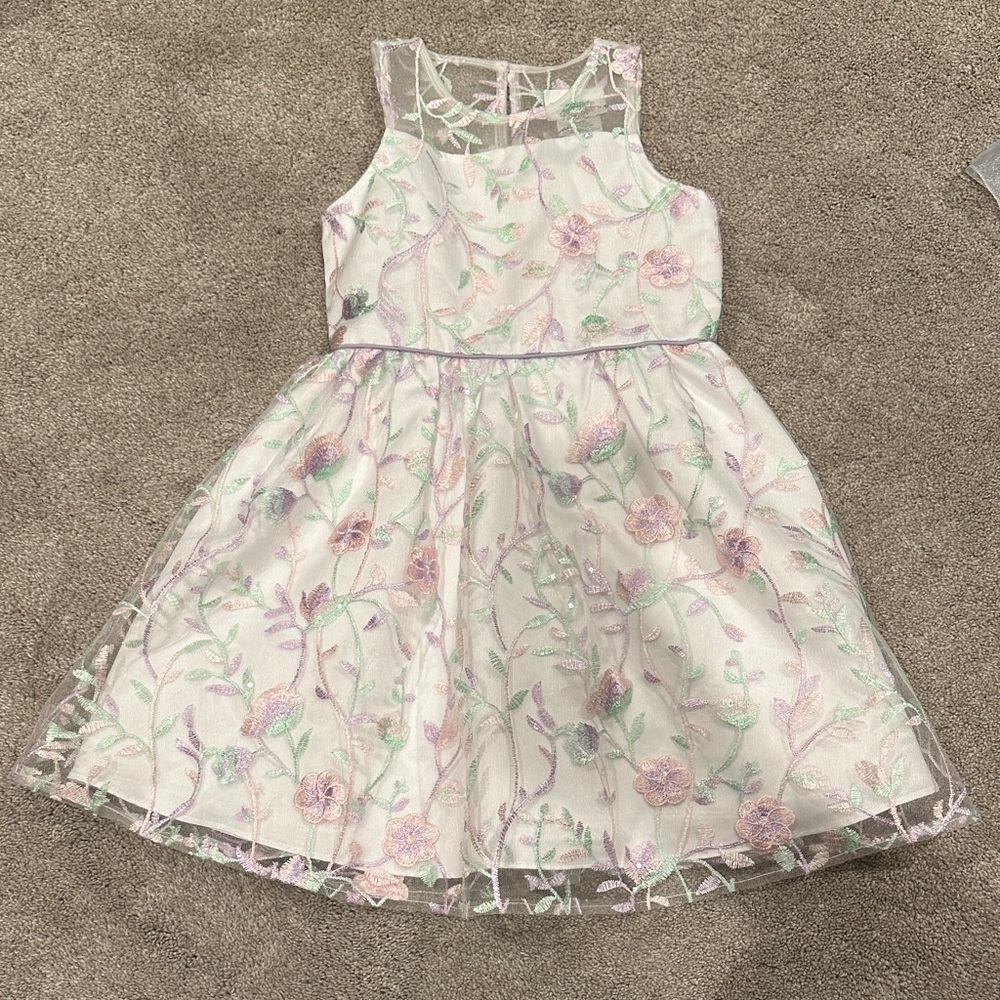 Floral Embroidered Kids Dress - Pink, White, purple and green flowers
